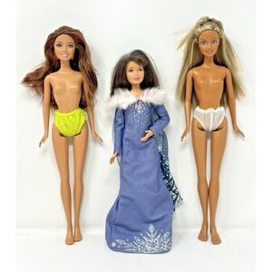 Barbie Doll Lot Of 3 Mattel Dress In Elsa Frozen, Brunette Hair, Highlight, Nude